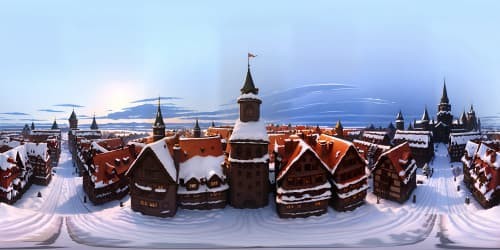 Nuremberg architecture VR360, high-quality masterpiece. Snowladen rooftops, pristine cobblestones, icy chandeliers. Crystalline frost-windows, gothic spires piercing VR360 horizon. Half-timbered houses, intricate, decorative sled. Ultra high-resolution, detailed realism. Winter wonderland, street-view perspective.