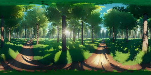 An ancient forest with lush green grass and sunlight streaming through the treetops