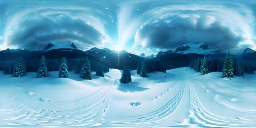 snow capped mountain top during a blizzard at night with distant evergreen trees