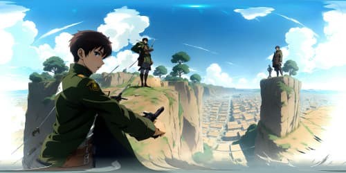 Manga Attack on Titan scene.soldiers(men and women) on rooftops. Detailed vertical maneuvering gear, Dark Green cloak flying in the wind, Survey Corps emblem on the back. Both hands grasping long swords.