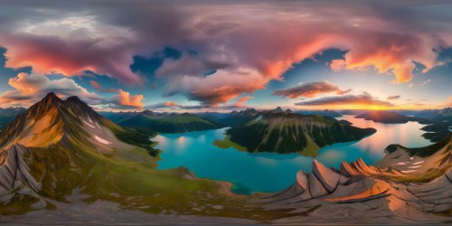 Immaculate masterpiece VR360 scene capturing the splendor of an enchanted hidden lake among majestic mountains, wyverns soaring in the horizon, radiant sunset hues merging with pastel clouds. A realm of fantasy rendered in ultra-high resolution, ethereal mountains meeting a serene lake under the soft iridescent light, a visual spectacle fitting for a breathtaking VR experience.