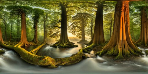 An enchanting, pristine forest bathed in golden dawn light, towering ancient trees reaching for a misty, ethereal canopy, detailed foliage and dappled shadows, a mesmerizing and flawless masterpiece in ultra high resolution.