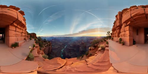 Ultra HD, Masterpiece quality VR360, Grand Canyon, river slicing through red rock vistas, sunset cast shadows. Ethereal hues on horizon, skyview dominated by setting sun's glow.