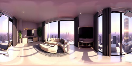 VR360 view, luxury city skyline, highest resolution, glimmering skyscrapers, gold-edged rooftops, diamond-studded facades, masterpiece aesthetics, reflections on opulent glass surfaces, grandeur to the horizon in VR360, digital paint style.