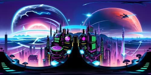 Incomparable quality, ultra-high-resolution VR360 scene. Cyberpunk city, neon-lit skyscrapers, colossal digital billboards, futuristic vehicles defying gravity. Art style: dark, masterful, and cybernetic with a vibrant neon palette.