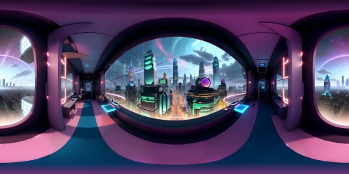 VR360 view: ultra high-res, futuristic downtown Cleveland, Ohio. Futuristic skyscrapers, advanced LED advertising holograms, undulating neon pathways, transparent levitating trams. Artistic panorama, VR360 marvel, merging realism with futuristic aesthetics. Subtle hints of iconic structures, bathed in the glow of stars. Blend of Pixar-style, with photorealism, layered