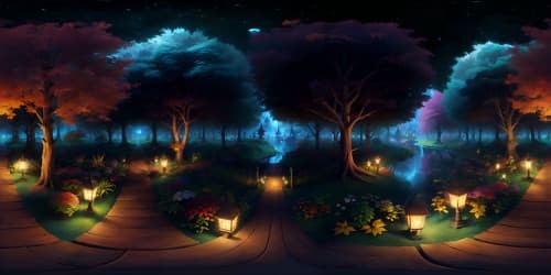 enchanted forest with treehouses, colorful flowers and autumn leaves at night with stars and lanterns skyview