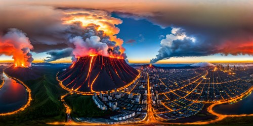 An ultra-high-resolution sprawl of a cyberpunk city, showcasing lava rivers winding through shattered asphalt, neon lights reflected off metallic debris, smoke-filled skies, towering ruined skyscrapers.