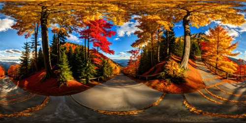 A flawless, high-resolution image capturing a majestic forest pathway in the peak of autumn's splendor, fiery leaves carpeting the ground, golden sunlight filtering through the vibrant canopy, creating a breathtaking masterpiece of fall foliage.