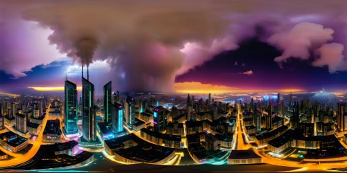 Massive ultra-high-res cityscape of Invader Zim's towering futuristic metropolis, endless cyberpunk skyline, neon-lit streets, colossal robotic invaders, billowing factory smoke, gleaming high-tech buildings, dark stormy skies, a flawless digital masterpiece.