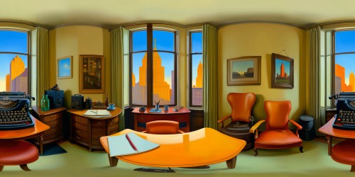 Immersive Edward Hopper-style scene: A flawlessly detailed 1930s detective's apartment, lit by the warm evening glow from a nearby skyscraper, with a weathered 30-year-old detective pensively seated in a plush chair amidst vintage props like a typewriter, fedora, whiskey glass, and a noir-style table with a notepad, all captured in ultra high resolution clarity.