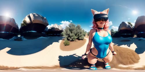 five girls,wearing pink leotards,blonde,cat ears,squatting,blue eyes