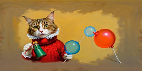 A flawless, high-resolution portrait of a captivating cat in a vibrant red, ripped sweater, whimsically holding a lollipop and bubble gun, against a backdrop that is both playful and mesmerizing.