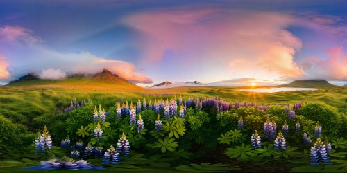 An astonishing, flawless Icelandic summer landscape captured in the highest resolution, portraying a serene morning draped in a soft fog, reflecting the pristine aquamarine hues of hot springs amidst a vast expanse of tundra and lupine blossoms, with distant towering highland mountains under a breathtaking sunrise on the unblemished horizon.