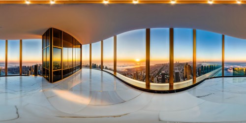 Immaculate and luxurious living room, towering floor-to-ceiling windows offering a breathtaking panoramic urban skyline view, designer furniture bathed in golden sunlight, sleek marble floors reflecting a warm, ambient glow, flawlessly flawless.