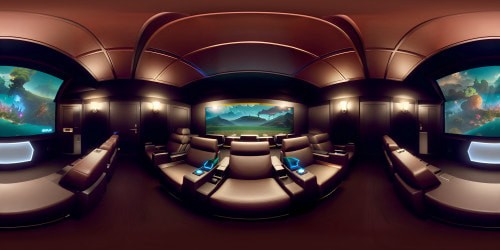 Movie theater, center seat view, mega screen dominating VR360 perspective, intricate detailing of velvet upholstery, ambient popcorn machine lighting casting subtle glows, Pixar-style. Ultra-high resolution, meticulous craftsmanship evident, VR360 immersive experience reminiscent of grand movie premieres.