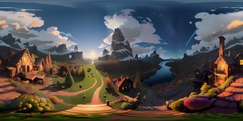 Ultra high-resolution VR360 twilight landscape, moonlit mountains, snow-capped peaks. Darkened log cabin, chimney smoke, softly glowing windows. Enchanting, reflective lake nearby, starry canopy overhead. VR360 viewpoint atop tranquil lodge. Masterpiece, Pixar-style animation, vivid colors, dramatic contrast.