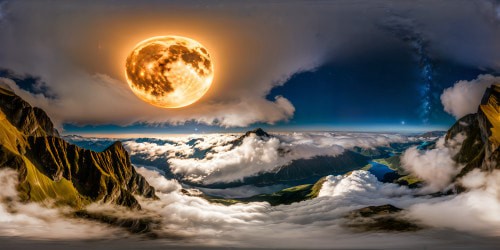 A breathtaking, flawless view of a massive moon hanging in the velvet night sky, casting a silver glow over a majestic landscape filled with shadowy mountains and tranquil lakes, ultra high resolution.