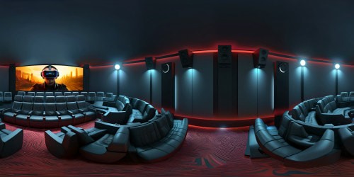 VR360 luxurious home theatre, dark ambiance yet radiant, a labyrinth of spacious lounging seats, full recline options. Ultra high-resolution option, 360-auditorium style, encompassing panoramic cinema screen. Rendered in hyper-realistic style. VR360 surreal fusion of technology and opulence.