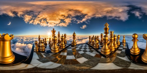 Within a grand, intricate chessboard fantasy world, flawless marble pawns stand guard, highly detailed, set under a golden sun and silver moon, with towering crystal castles reflecting vivid hues of a surreal sky.