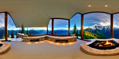 Nestled within a luxurious mountain retreat, a polished marble fireplace gleams in the soft glow of a crackling fire, framed by a vast window offering a panoramic view of snow-capped peaks and dense evergreen forests, crafted as an ultra-high-resolution visual marvel.