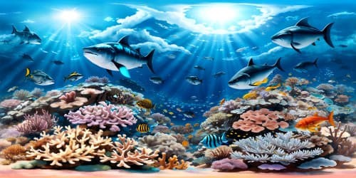 coral reef with many species of fish including a megaladon