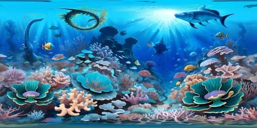 Vibrant sea life, aquatic VR360 panorama, fantastical coral reefs, ultrahigh-resolution. Neon fish schools, whimsical seahorses, fantasy style, bioluminescent undersea vegetation. Masterpiece painting techniques, rich sea-depth gradients, VR360 aquatic splendor.