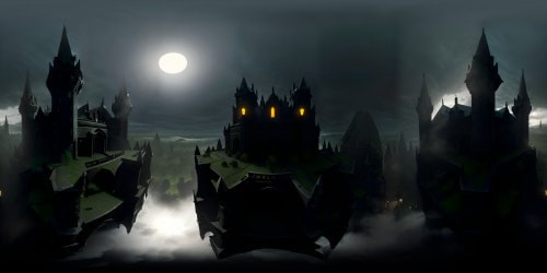 Haunting VR360 gothic castle entryway, ominous stone arches, flickering candlelight shadows, cobwebbed chandeliers. Cryptic gargoyles, towering stained-glass windows, moonlight flooding in, eerie atmosphere. Masterpiece rendering, top-tier detail, ultra high-res, dark fantasy art style. All-encompassing VR360 scene.