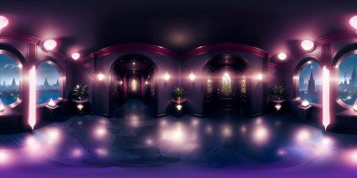 VR360 scene, ultra-high res. Jill Valentine inspired design, non-human likeness, Playboy Bunny apparel, fantasy art style. Iconic Resident Evil elements, Mansion's grand chandelier, intricate shadows. Subtle hints of noir, dark luxury, gothic aesthetics. VR360 immersive, sultry elegance, non-obtrusive foreground detailing.