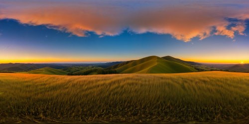 Expansive field bathed in the ethereal hues of dusk, golden light kissing flawless rolling hills, intricate details captured in ultra HD perfection.