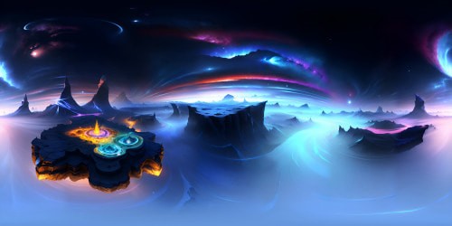 Masterpiece-quality VR360 panorama, striking ultra-high-resolution, dominant black and blue tones. Spectacular midnight sky, sapphire nebulae, obsidian mountains, silver-edged clouds. Azure reflections on crystal-clear lake. Style: Hyper-realistic with artistic flairs.