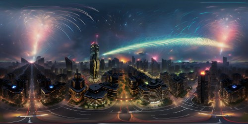 Ultra HD masterpiece, VR360 view of Beijing under siege, fire-plumed cityscape. Massed jets, volley of missile trails, conflagration ignited metropolis. Powerful VR360 spectacle, vibrant destruction, explosions. Styles: Realistic, apocalyptic.