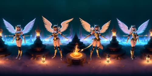 three female angels wearing white leotards with gold trim_they have golden wings_the women have gold halos over their heads_one woman has dreadlocks_two of the women area african american_they are flying_one woman is carrying a flaming green sword_