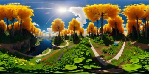 Masterpiece quality VR360, expansive nature meets high-tech future, hyperrealistic textures, VR360 vastness. Tranquil lakes, towering forests, solar-paneled canopies, fiber-optic flowers. Ultra high resolution, vivid colors, digital painting style.