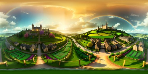 Ultra high-res Irish village, quaint stone castle, sprawling green fields, vibrant rainbow arch, whimsical pot of gold at the end. VR360 scenic immersion, realism blending into fantasy, soft hued Pixar-style rendering. Masterpiece VR360 view, enriched with the charm of Ireland.