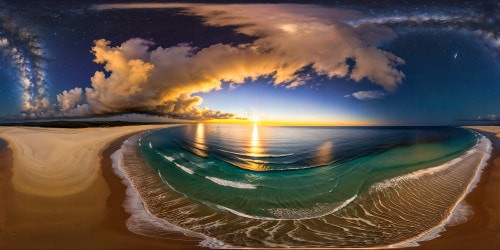 A moonlit beach beneath a star-studded sky, pristine sands reflecting silver hues, crystal-clear waves gently lapping the shore, casting a serene and ethereal atmosphere in ultra-high resolution perfection.