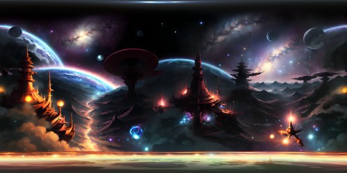 VR360 view of cosmic nebulae, swirling galaxies, star-studded, masterpiece-grade ultra-high resolution. Style: Digital art, intricate, crisp, realistic detailing, illuminating colors. VR360 panorama, immersiveness, other-worldly experience.