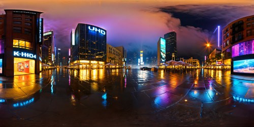 In a flawless depiction, an ultra high-resolution cyberpunk metropolis gleams beneath a perpetual light rain, neon lights dancing on rain-slicked streets, holographic storefront signs casting an enchanting luminescence over the city at night, where reflections in glistening puddles mimic the surroundings in perfect 8K clarity, all observed from the perspective of a pedestrian strolling along the sidewalk.