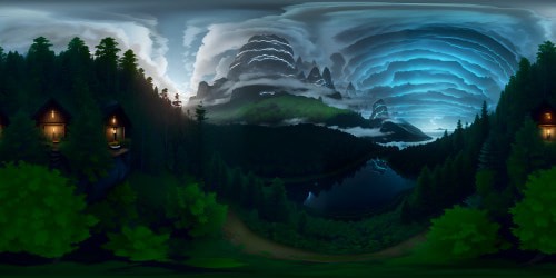 VR360 masterpiece, ultra-high-res, forest lake tranquility. VR360 rain-soaked foliage, secluded lake mirror image, art-noir style. Mystic mountain backdrop, turbulent cloud drama, chiaroscuro shadows. Majestic mountain outlines, immersive forest detail, exquisite rainfall capture. Gothic tints enveloping darkness.