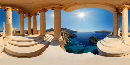 ideal prompt: Majestic ancient Greek city on a sunlit hill, radiant marble structures and sculptures, overlooking a brilliant azure sea, a breathtaking blend of myth and history portrayed flawlessly and in ultra-high resolution.