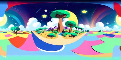 Ultra high-resolution VR360 view, striking cartoon style artistry. Masterpiece quality, pastel color palette. Immaculate details, playful patterns, fantastical elements. Euphoric, skyward scenery, limitless cloudscape, celestial bodies in backdrop.