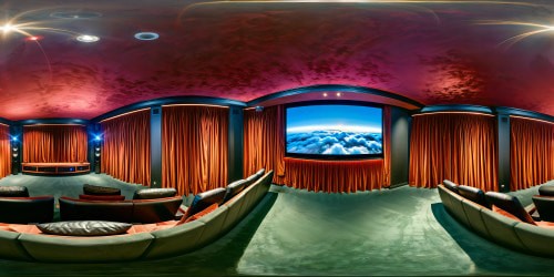 An awe-inspiring home theater with plush velvet curtains, state-of-the-art sound system, crystal-clear projector casting vibrant blockbuster scenes on a massive screen, creating the ultimate immersive cinematic experience in flawless 8K resolution.