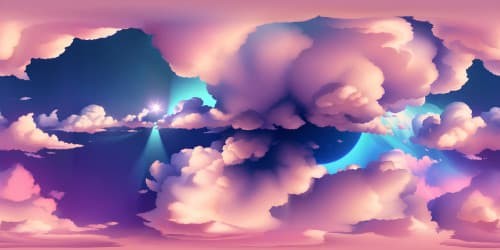 VR360 high-quality masterpiece, ultra-resolution, fluffy puppy clouds embellishing a pink-aqua gradient sky, pop-art inspired, low-foreground emphasis, VR360 focus on whimsical celestial scape.