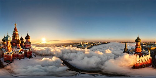 Dazzling, grandiose view of the surreal architecture of the Moscow Kremlin, intricate onion domes glinting under a golden sunrise, flawless ultra high-res details capturing every ornate flourish and majestic spire.