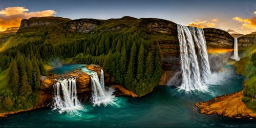 A stunning, flawlessly detailed landscape of a majestic waterfall cascading into a crystalline pool, surrounded by lush, vibrant foliage under the golden glow of the setting sun, an artistic, ultra-high-resolution masterpiece.