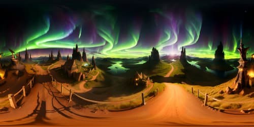 Ultra high-resolution masterpiece, epic VR360 view of fantasy land, dominating mountain ranges, mystical creatures in distance - subtle, non-obstructive. Enchanting skyscape, auroras and nebulae dance, stellar constellations twinkle. Realistic style infused with elfin enchantment, panoramic VR360 magic in wide open spaces.