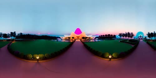 disney epcot center pavilion neon pink sky dusk evening 