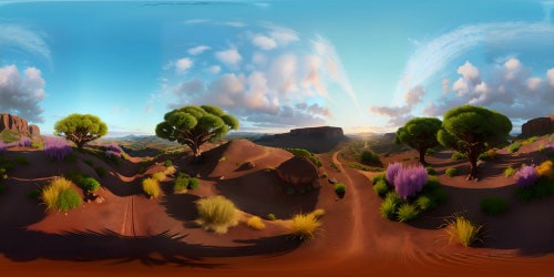 Masterpiece sunset valley, VR360 panorama, ultra-high resolution. Lush, verdant terrain extending into horizon, stunning twilight hues. Subtle gradient, orange, purple, pink. Sky dominating view, soft clouds, gentle wisps. Few, tastefully placed, wildflowers in foreground. Style: digital realism with an emphasis on texture, light play. Brightness contrasts, semi-abstract in