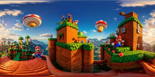 An impeccably detailed, ultra-high-resolution portrayal of Mario's fantastical world, featuring vibrant pixelated landscapes, iconic brick blocks, towering mushrooms, expansive blue skies, and shimmering coin trails, an absolute masterpiece in digital art.