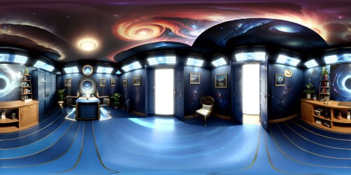 VR360 TARDIS, weathered cobalt blue, intricate geometrics, white pulsating light from top. Photorealistic style, ultra-high resolution, masterpiece. Cosmic skybox, nebulae swirls, starry backdrop. Aged alien mystery, in VR360 immersive view.